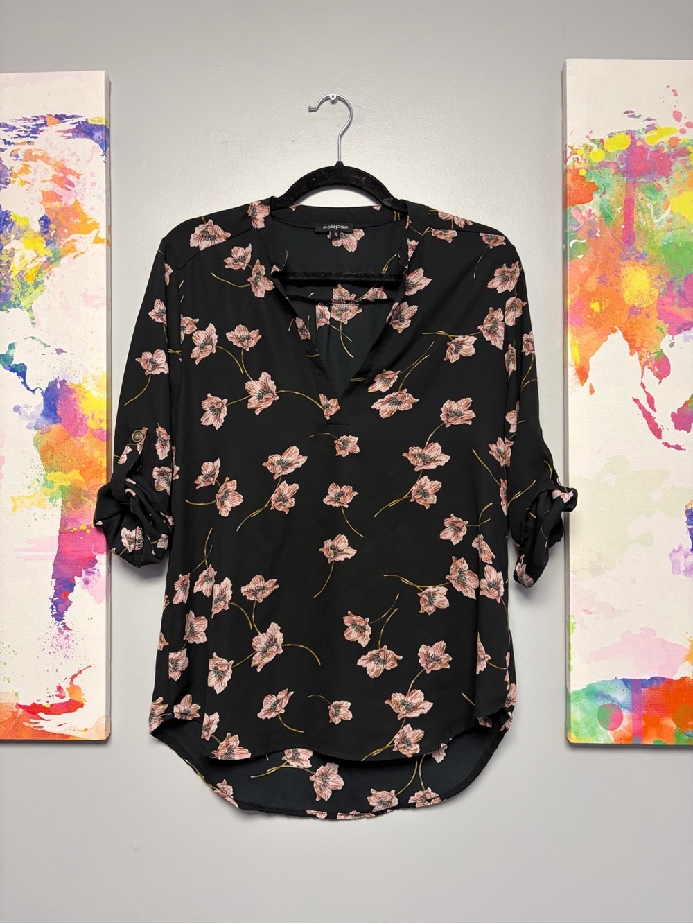 Eclipse Black and Pink 3/4 Sleeve Blouse with Mandarin Collar